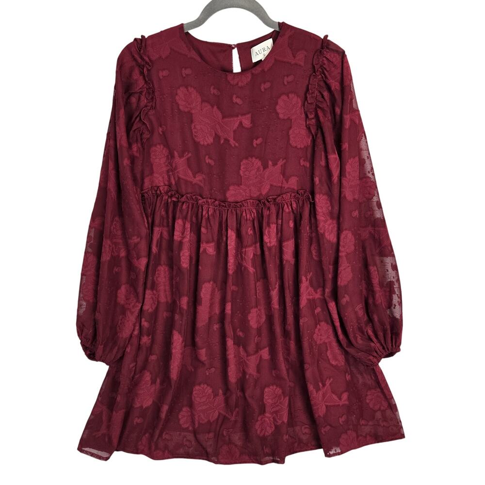 AURA Burgandy Chiffon Floral Dress S Boho Peasant Ruffle Pleats Lined Whimsigoth